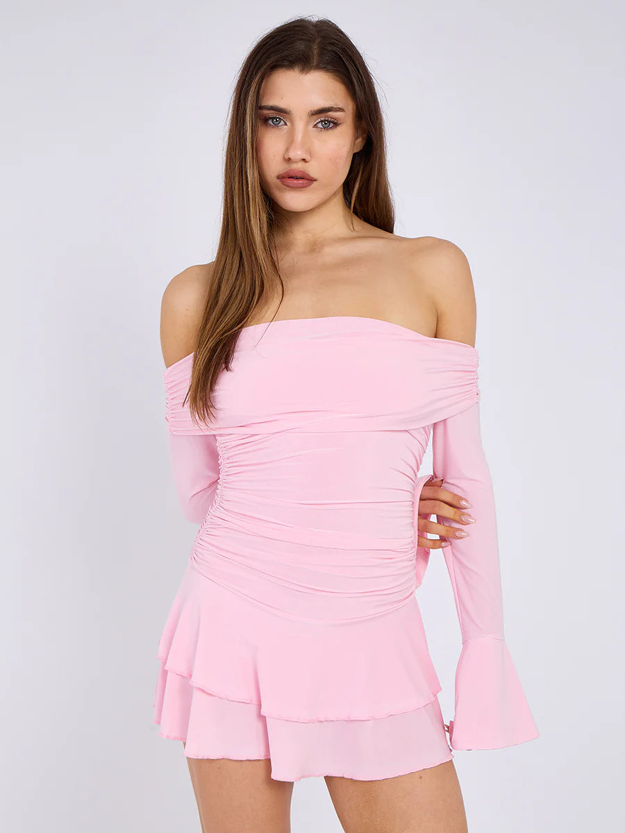Pink Off Shoulder Ruched Slinky Frill Mini Dress