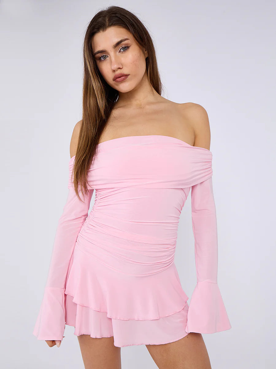 Pink Off Shoulder Ruched Slinky Frill Mini Dress
