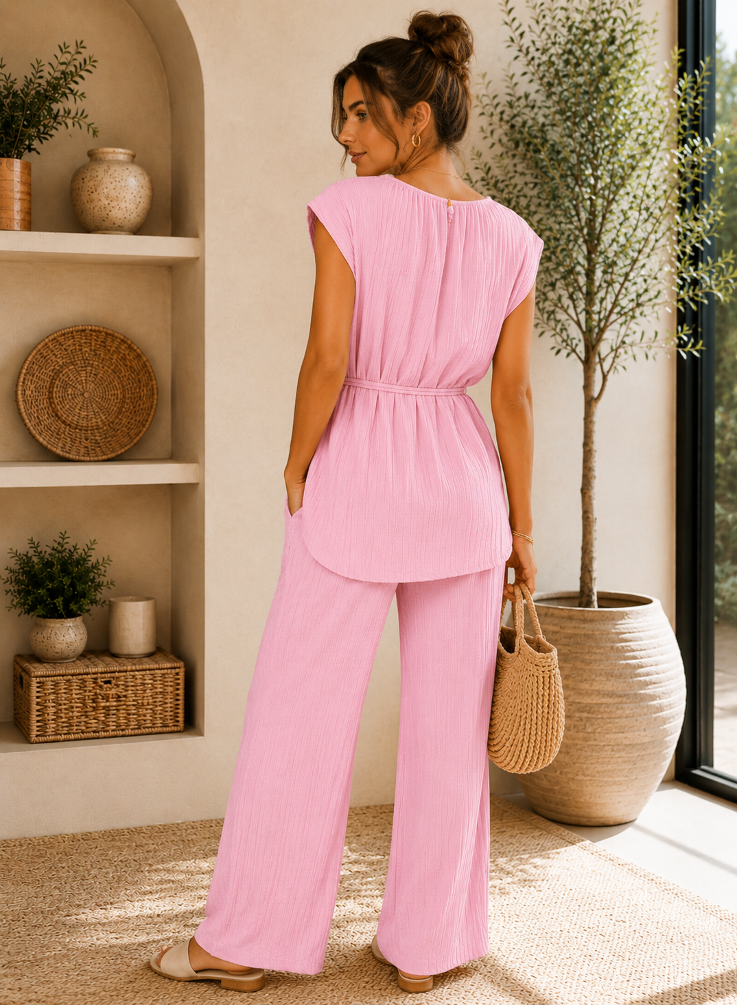 Pink Pleated Wide Leg Co-Ord Set Lightweight Summer Two Piece Outfit