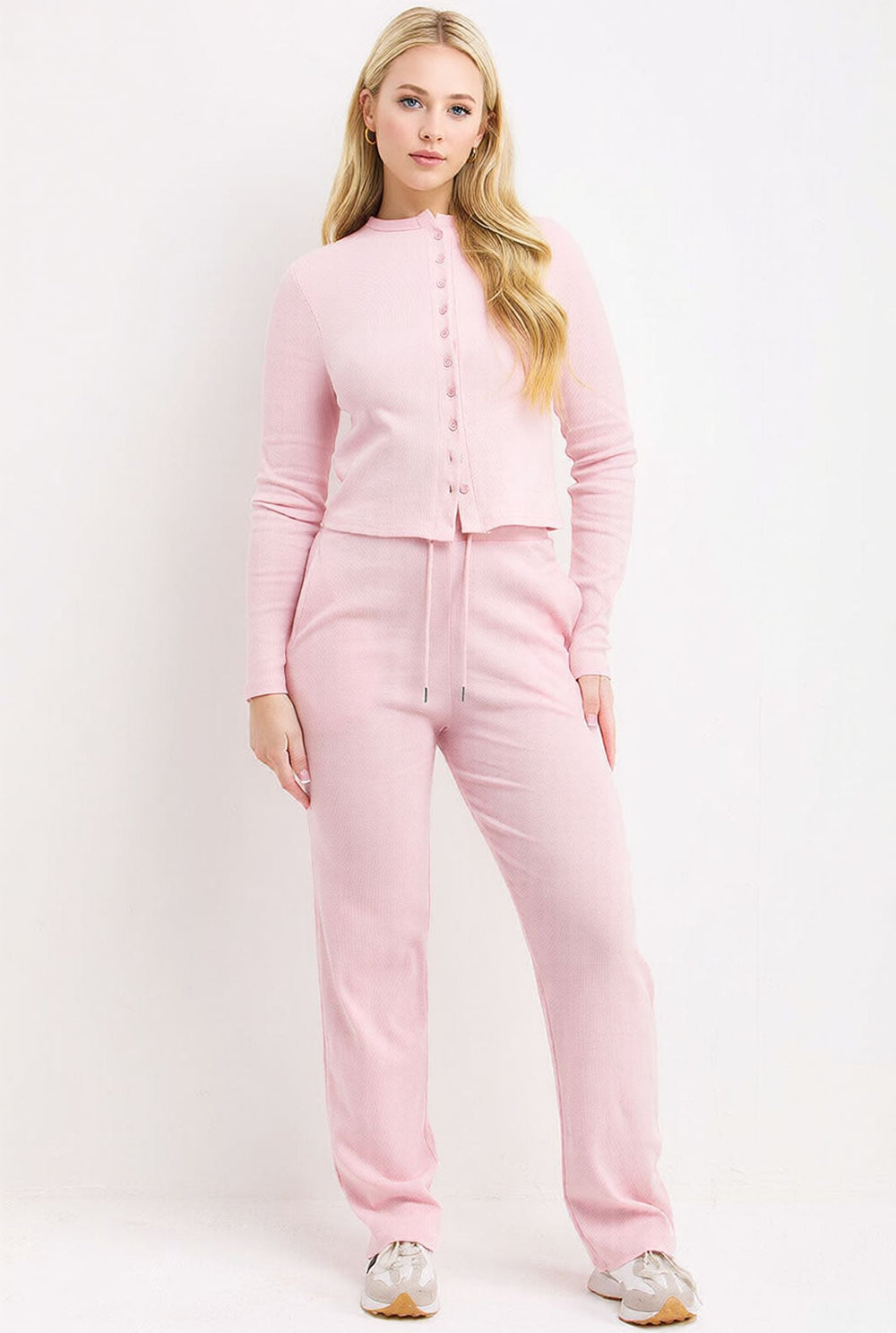 Pink Ribbed Front Button Detail Top & Wide Leg Trouser Loungewear Co-ord