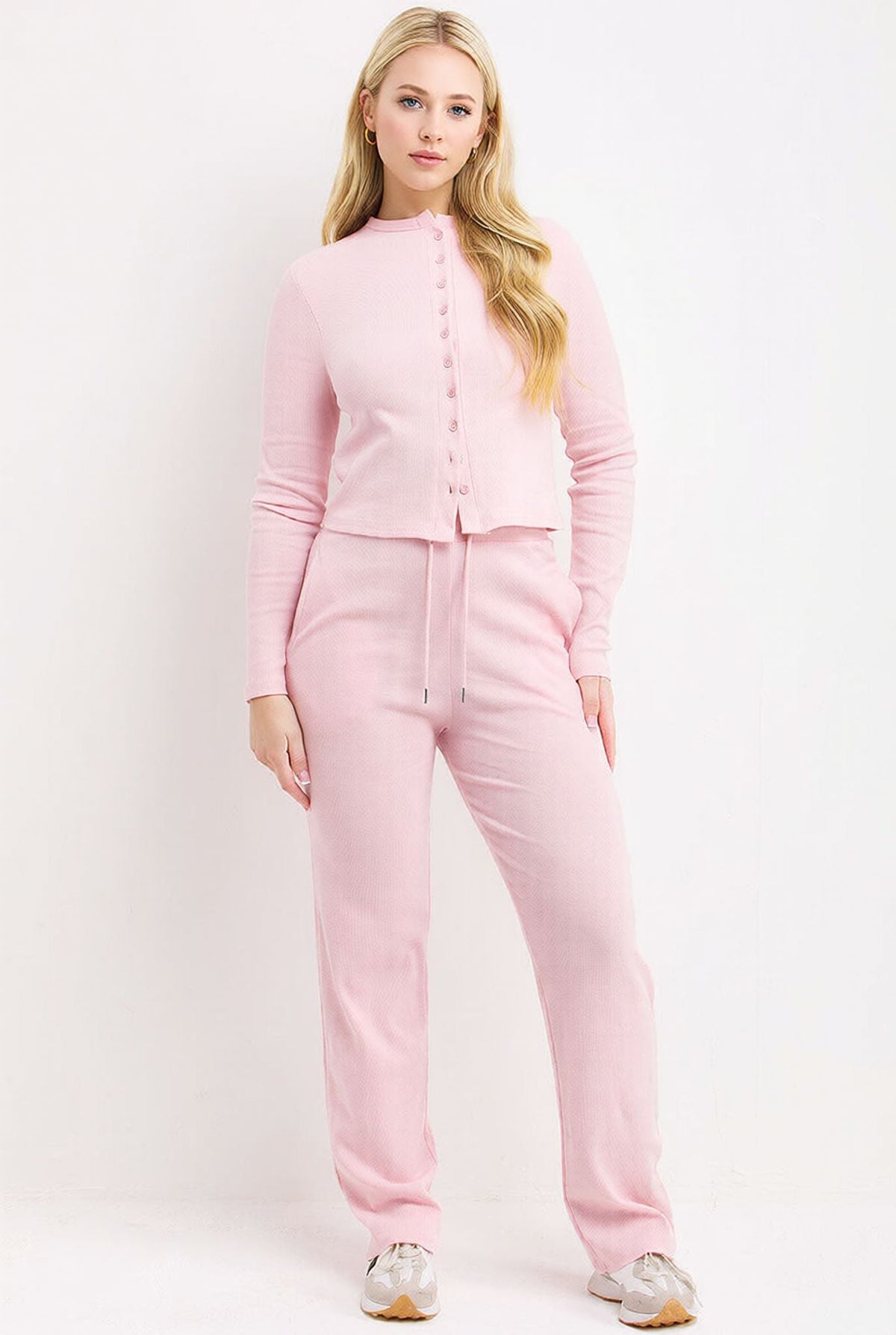Pink Ribbed Front Button Detail Top & Wide Leg Trouser Loungewear Co-ord