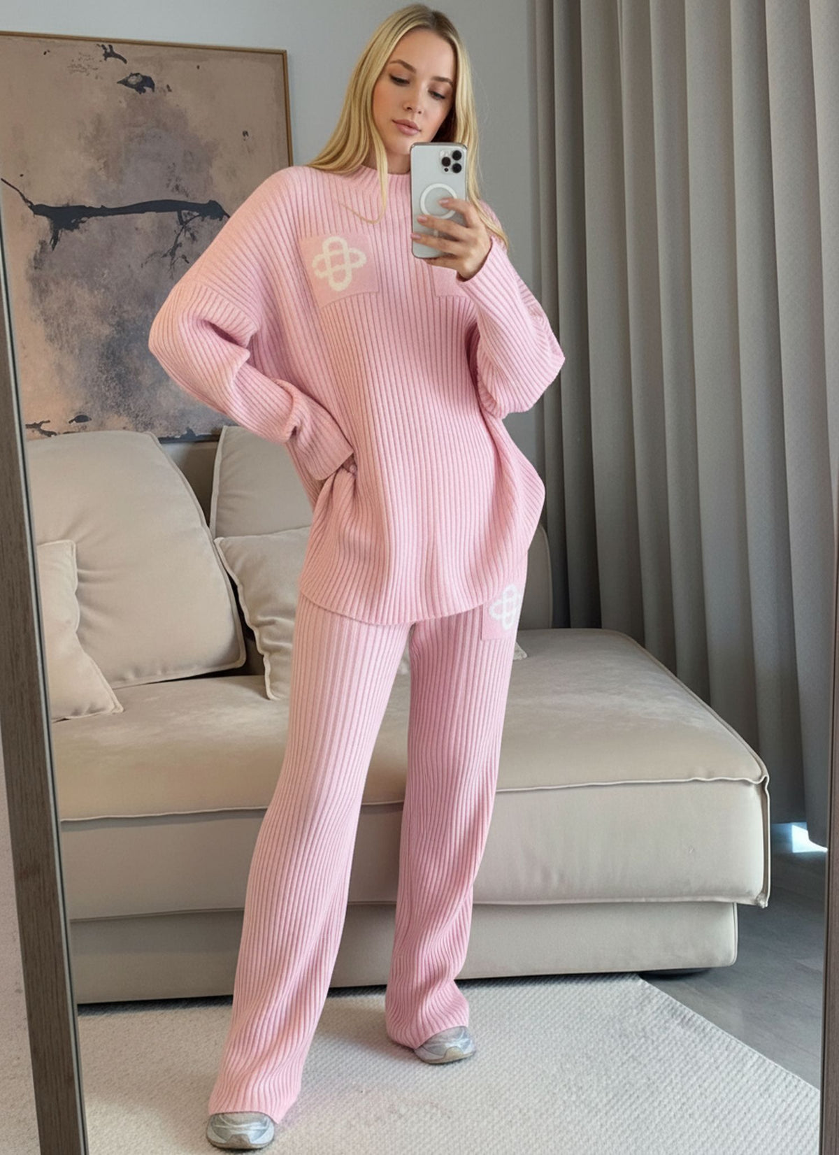Pink Ribbed Knitted Loungewear Set