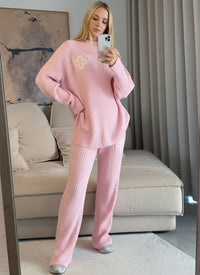 Pink Ribbed Knitted Loungewear Set
