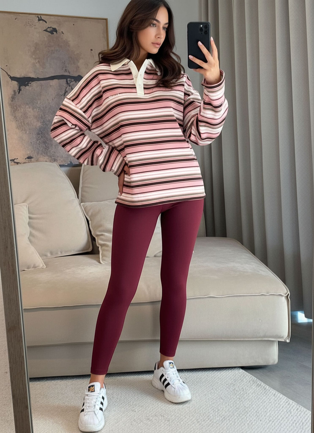 Pink Rugby Collar Stripe Sweatshirt