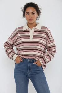 Pink Rugby Collar Stripe Sweatshirt