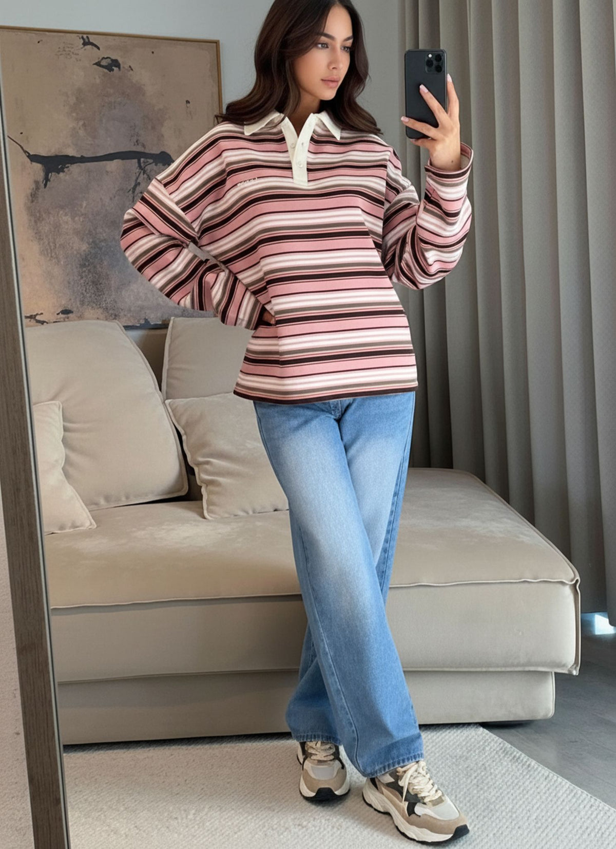 Pink Rugby Collar Stripe Sweatshirt