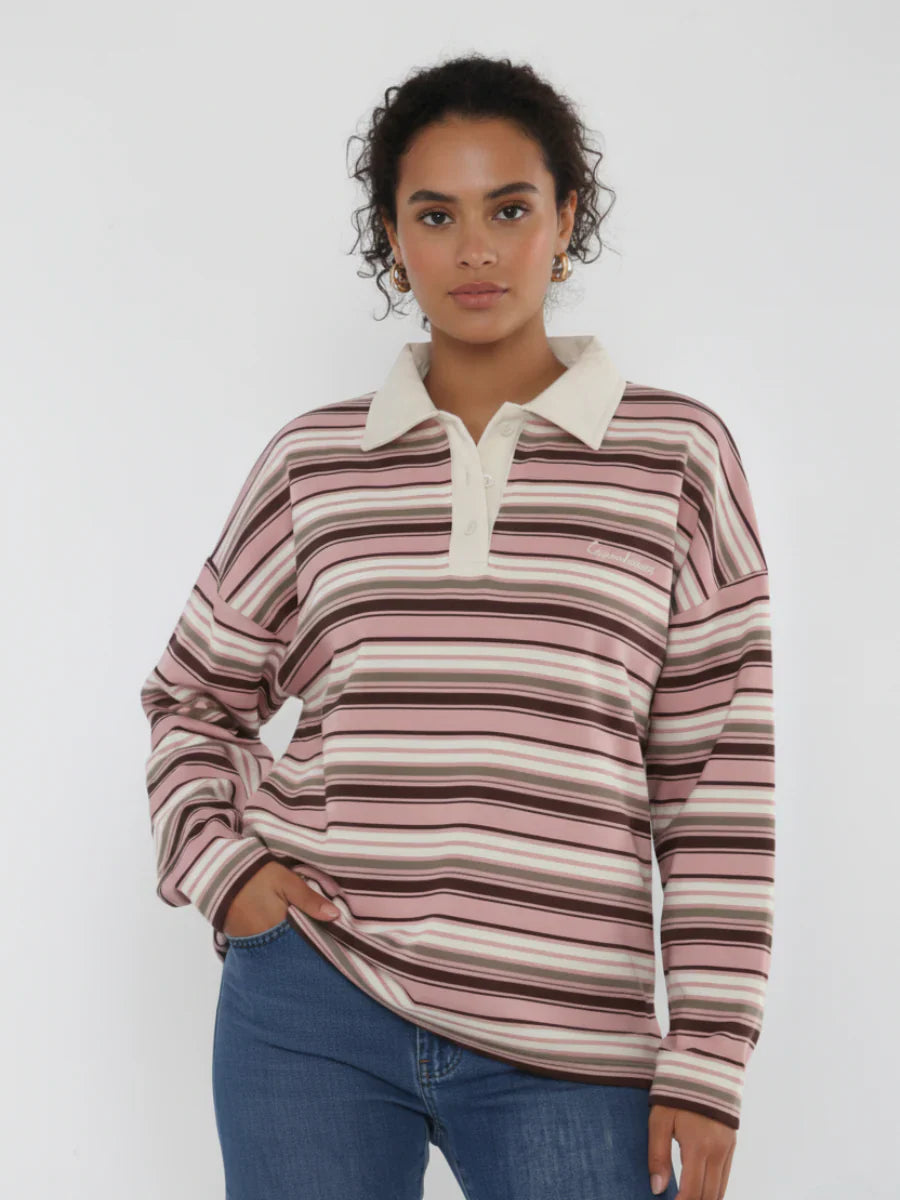Pink Rugby Collar Stripe Sweatshirt