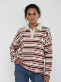 Pink Rugby Collar Stripe Sweatshirt