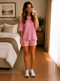 Pink Striped Lounge Co-Ord Set Oversized T-Shirt & Drawstring Shorts Two Piece Outfit