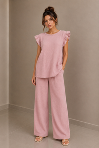 Pink Textured Frill Sleeve Co-Ord Set Wide Leg Trousers Two Piece Outfit
