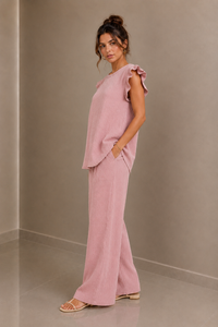 Pink Textured Frill Sleeve Co-Ord Set Wide Leg Trousers Two Piece Outfit