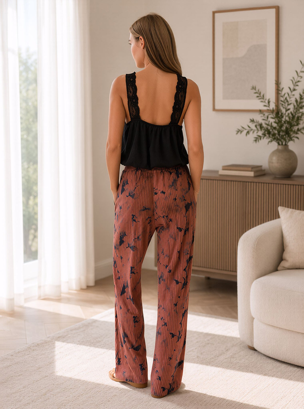Pink Tie Dye Print Crinkle Pleated Wide Leg Trousers