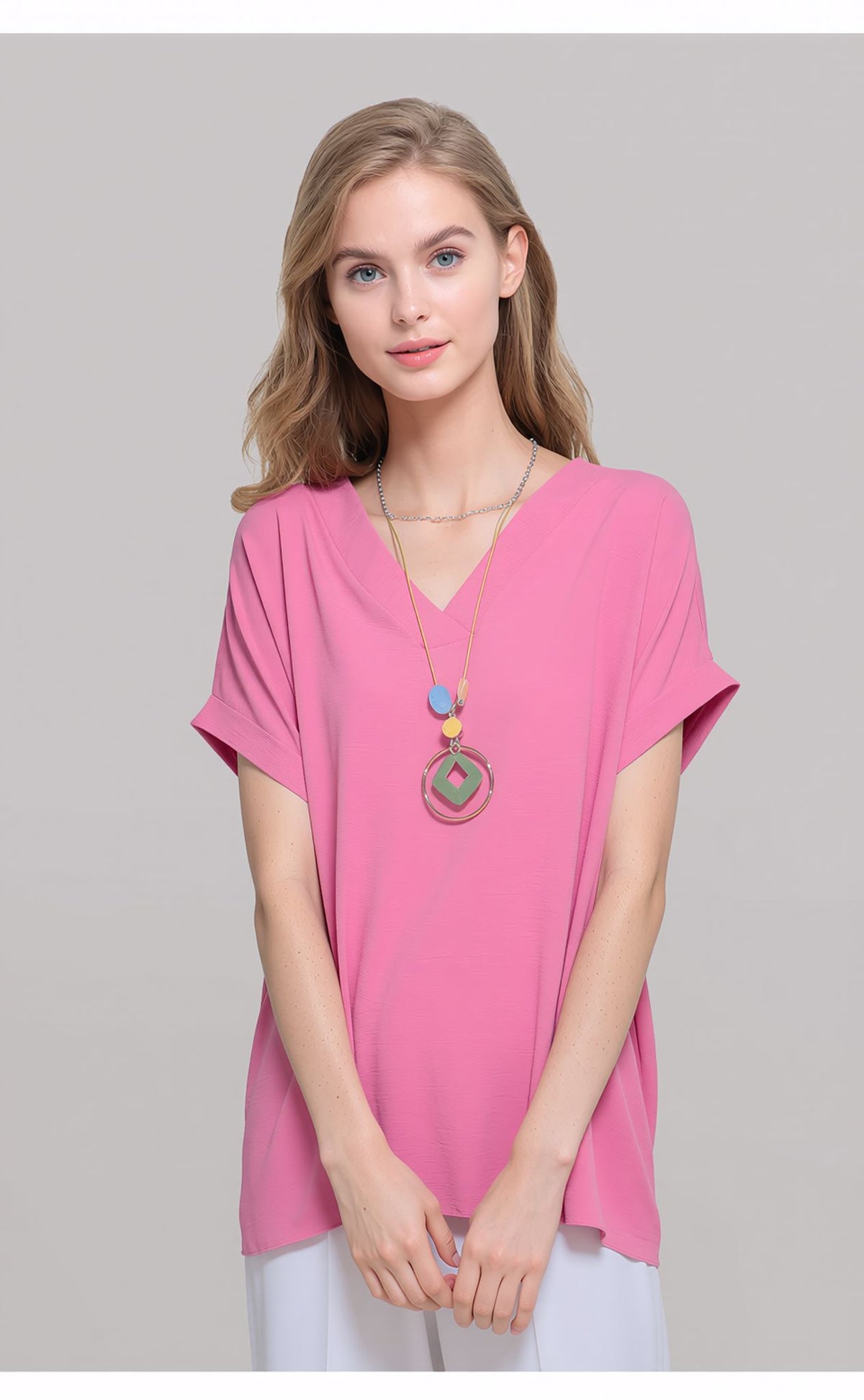 Pink V-Neck Batwing Sleeve Textured Blouse Casual Loose Fit Top with Necklace