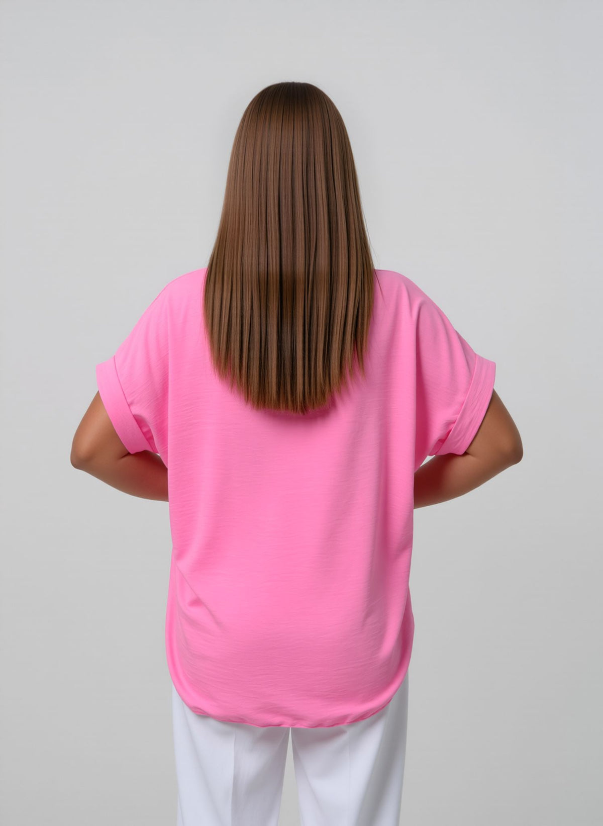 Pink V-Neck Batwing Sleeve Textured Blouse Casual Loose Fit Top with Necklace