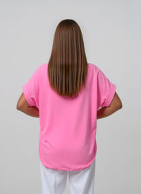 Pink V-Neck Batwing Sleeve Textured Blouse Casual Loose Fit Top with Necklace