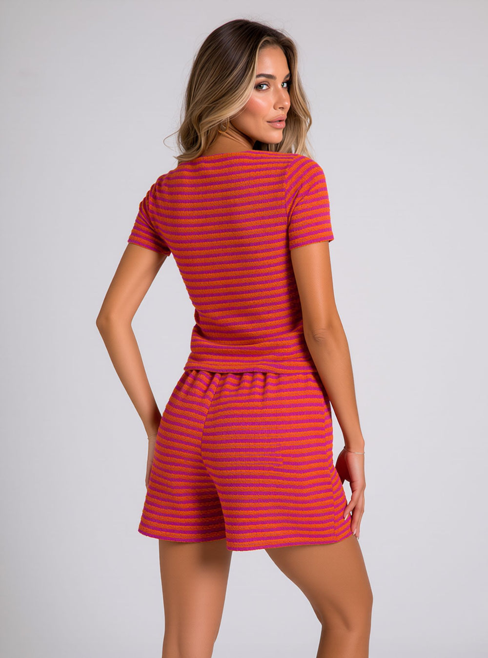 Pink & Orange Striped Lounge Co-Ord Set Ribbed Crop Top & Drawstring Shorts Casual Outfit