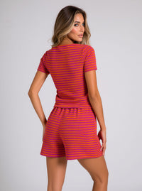 Pink & Orange Striped Lounge Co-Ord Set Ribbed Crop Top & Drawstring Shorts Casual Outfit