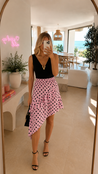 Chic Pink Polka Dot Asymmetrical Ruffle Midi Skirt for Women - High-Low Hem Elastic Waist Casual & Party Wear