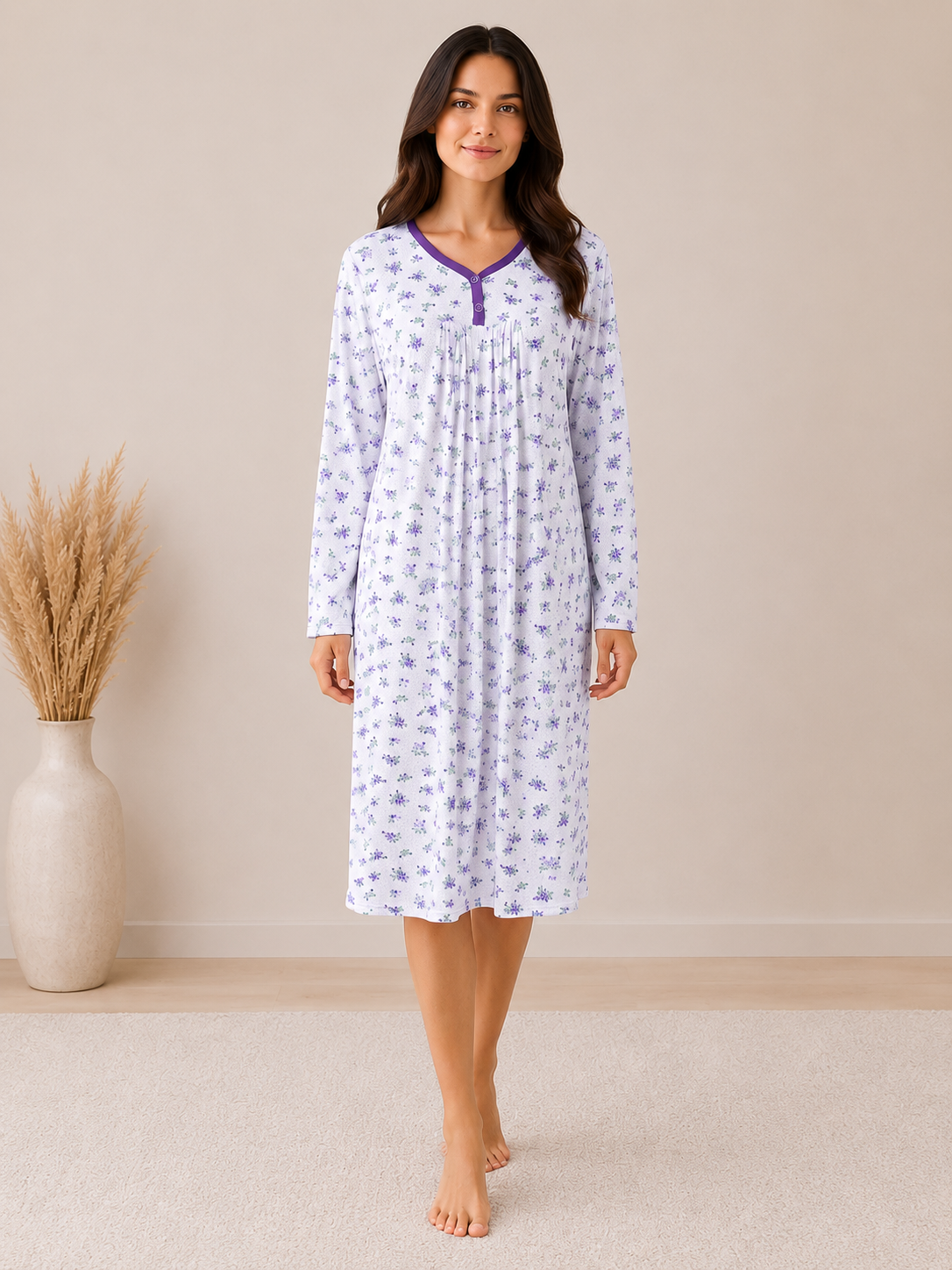 Purple Floral Long Sleeve Nightdress Soft Comfortable Relaxed Fit Sleepwear