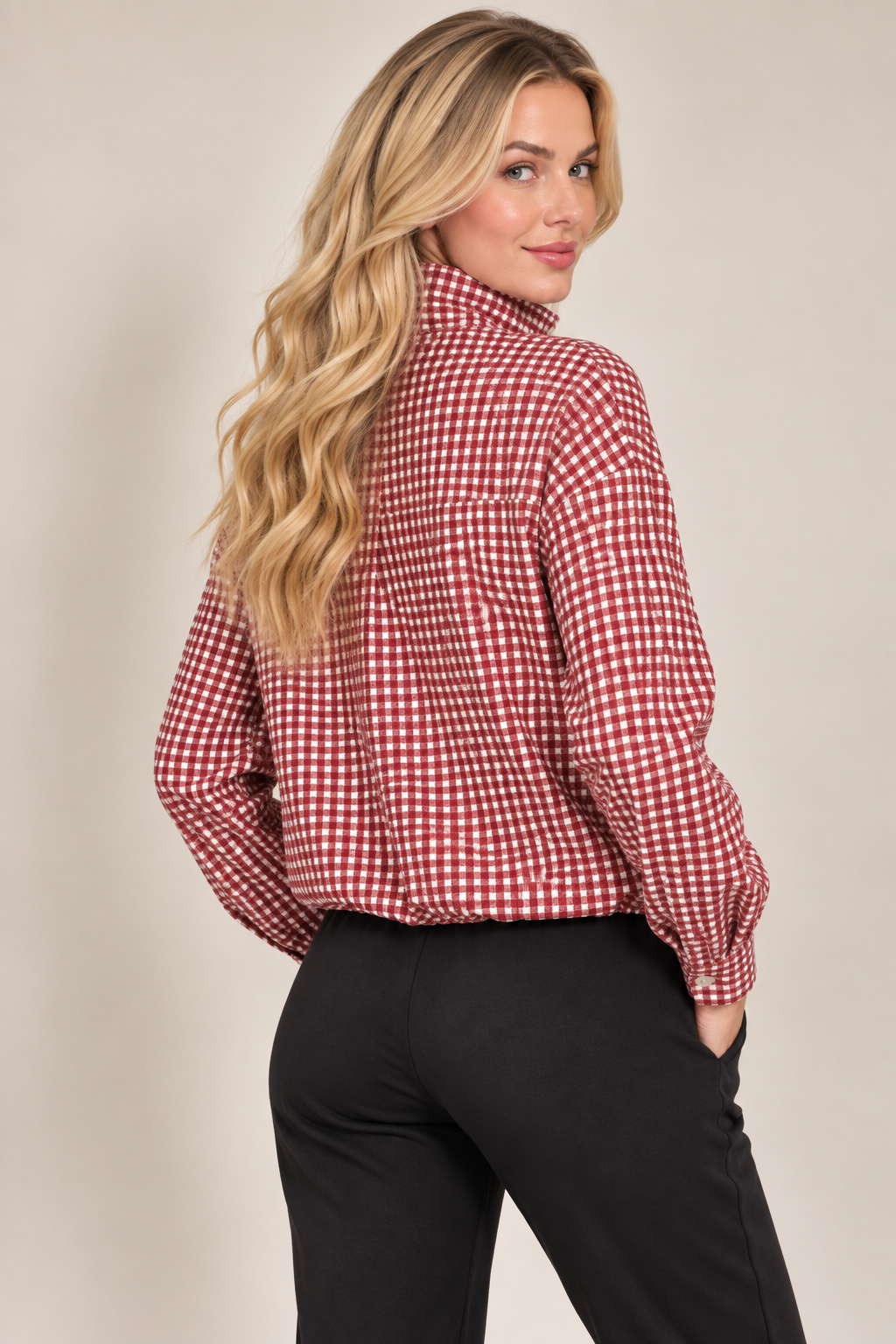 Red Check High Neck Button Drawstring Lightweight Casual Jacket