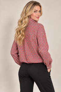 Red Check High Neck Button Drawstring Lightweight Casual Jacket