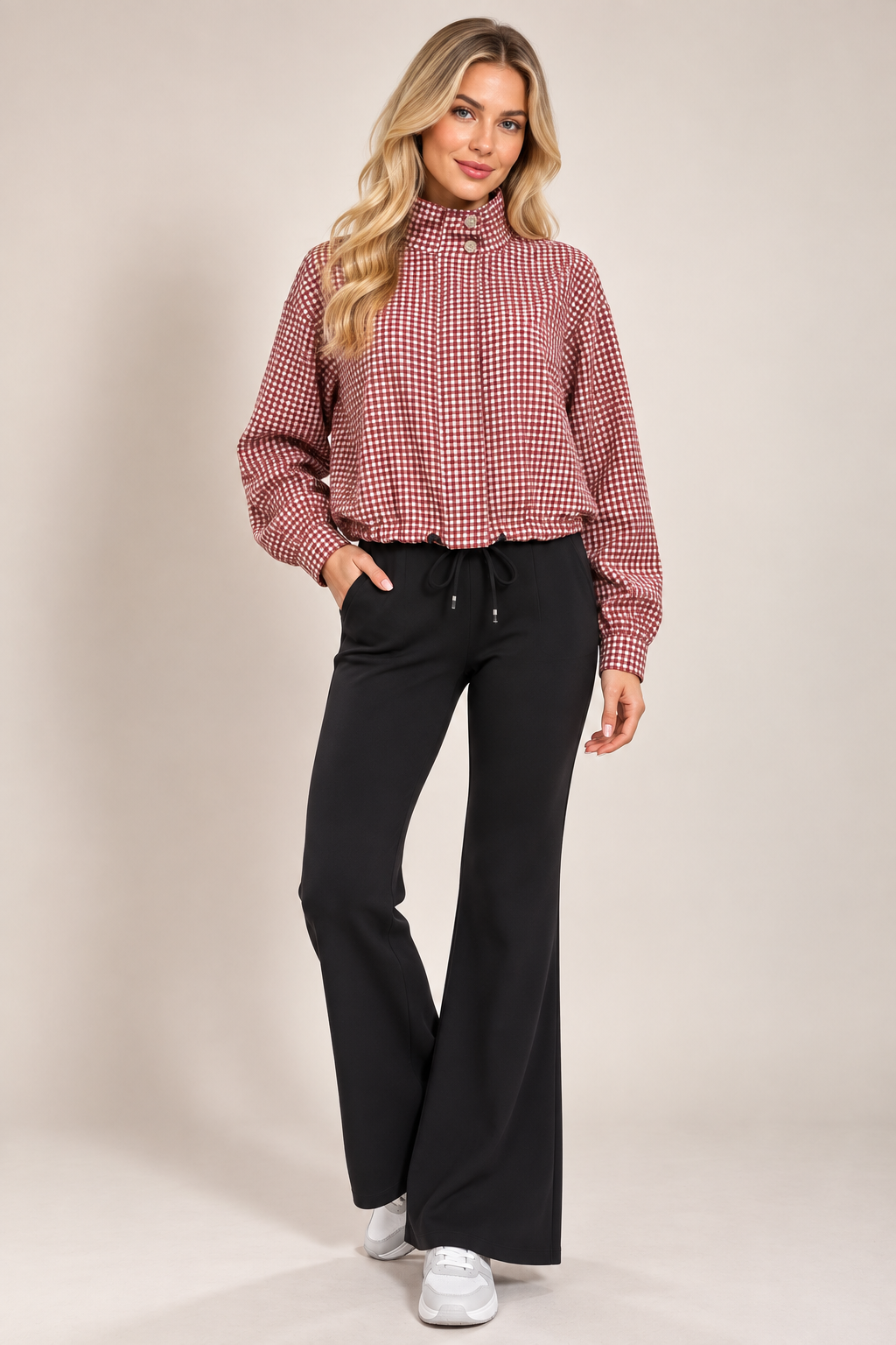 Red Check High Neck Button Drawstring Lightweight Casual Jacket