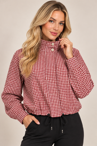 Red Check High Neck Button Drawstring Lightweight Casual Jacket