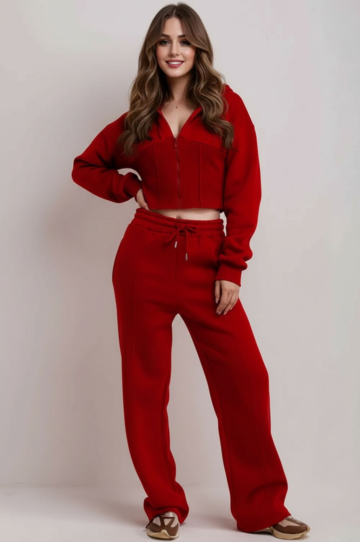 Red Corset Cropped Zip-Up Hoodie & Wide Leg Joggers Loungewear Set