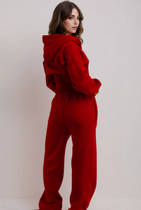 Red Corset Cropped Zip-Up Hoodie & Wide Leg Joggers Loungewear Set
