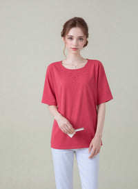 Red Embroidered Neck Detail Casual Short Sleeve Top