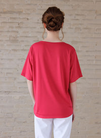 Red Embroidered Neck Detail Casual Short Sleeve Top