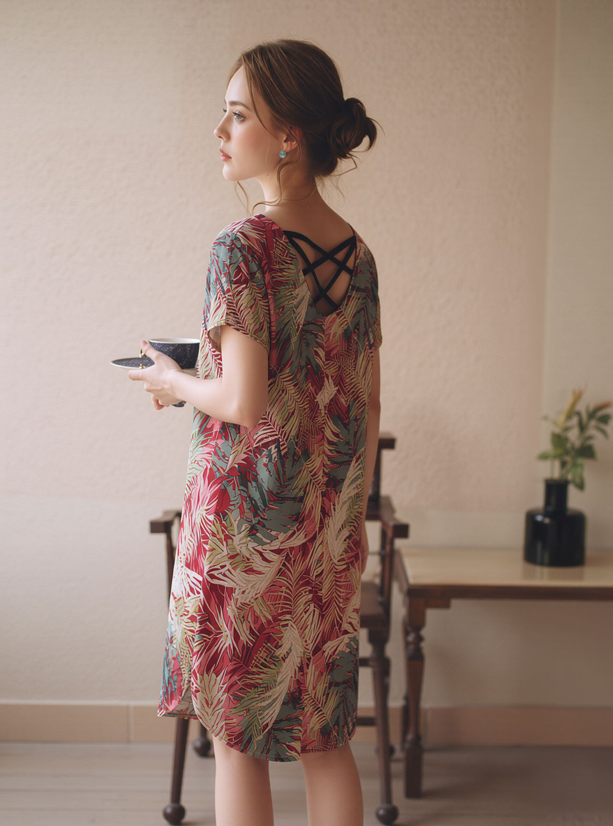 Red Floral A-Line Mini Dress with Short Sleeves Casual Loose Fit Summer Day Dress