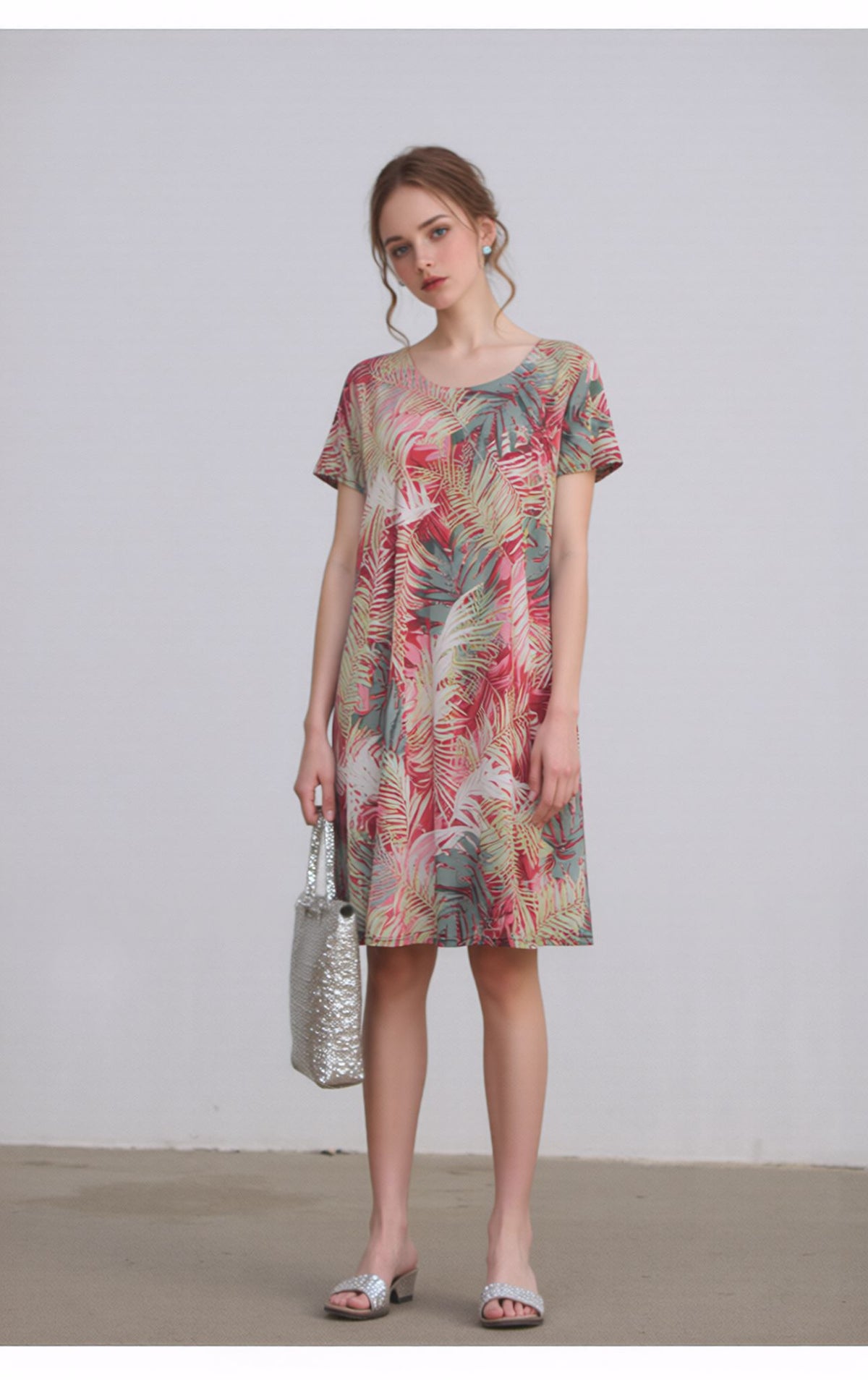 Red Floral A-Line Mini Dress with Short Sleeves Casual Loose Fit Summer Day Dress