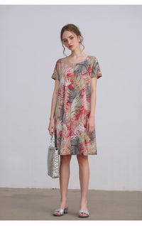 Red Floral A-Line Mini Dress with Short Sleeves Casual Loose Fit Summer Day Dress