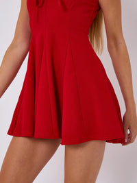 Red Pleated Tie Front A-Line Mini Dress