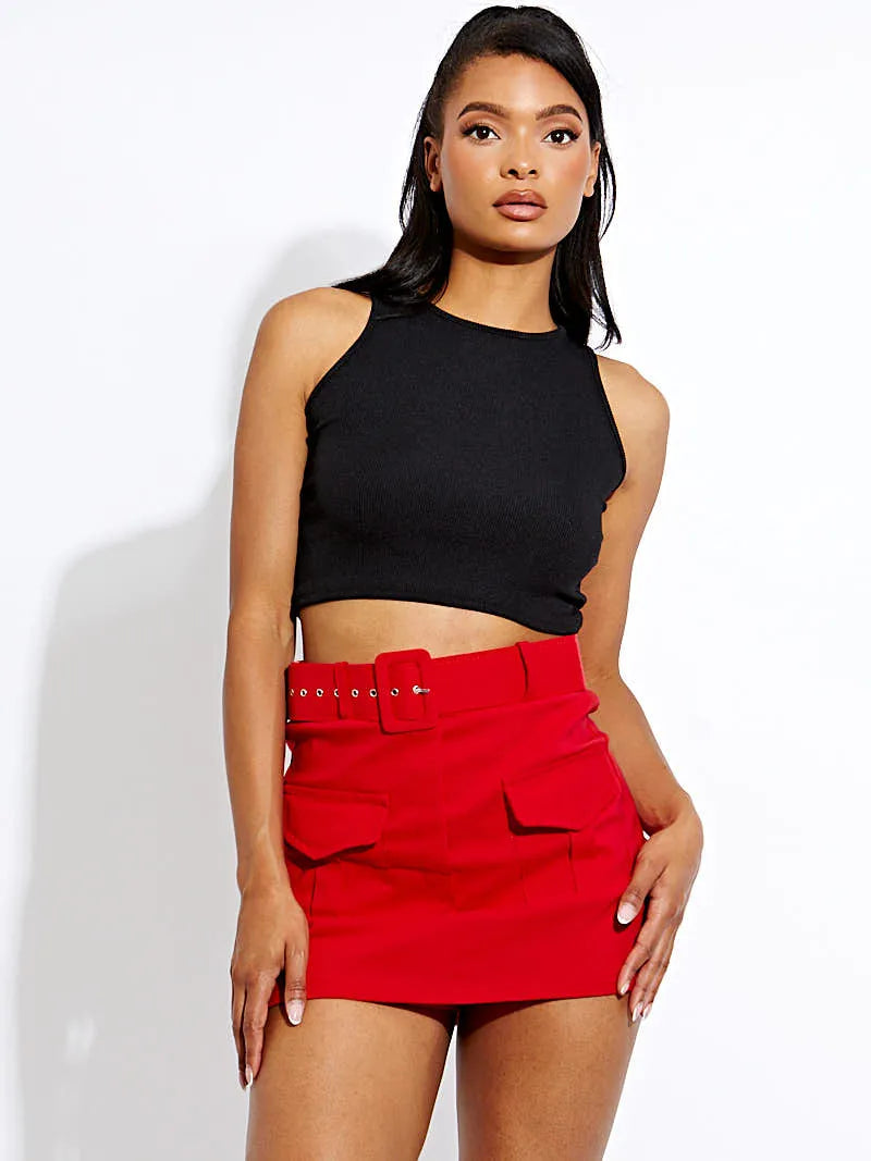Red Stretchy Cargo Skort With Matching Belt