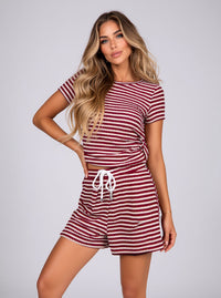 Red Striped Lounge Co-Ord Set Ribbed Crop Top & Drawstring Shorts Casual Outfit