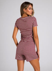 Red Striped Lounge Co-Ord Set Ribbed Crop Top & Drawstring Shorts Casual Outfit