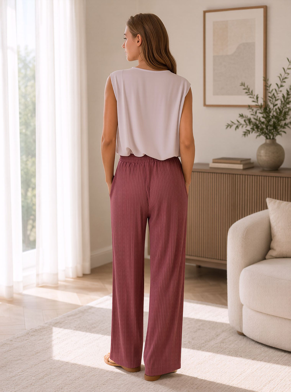 Rose Pink Crinkle Pleated Wide Leg Trousers