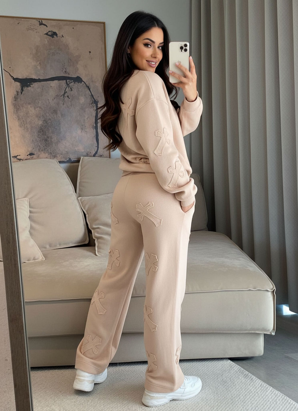 Stone Oversized Crucifix Cross Embroidered Hooded Fleece Co-ord Loungewear Set