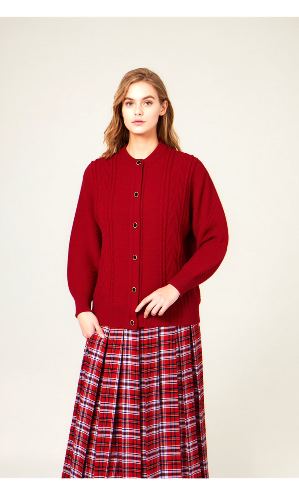 Red Round Neck Cardigan