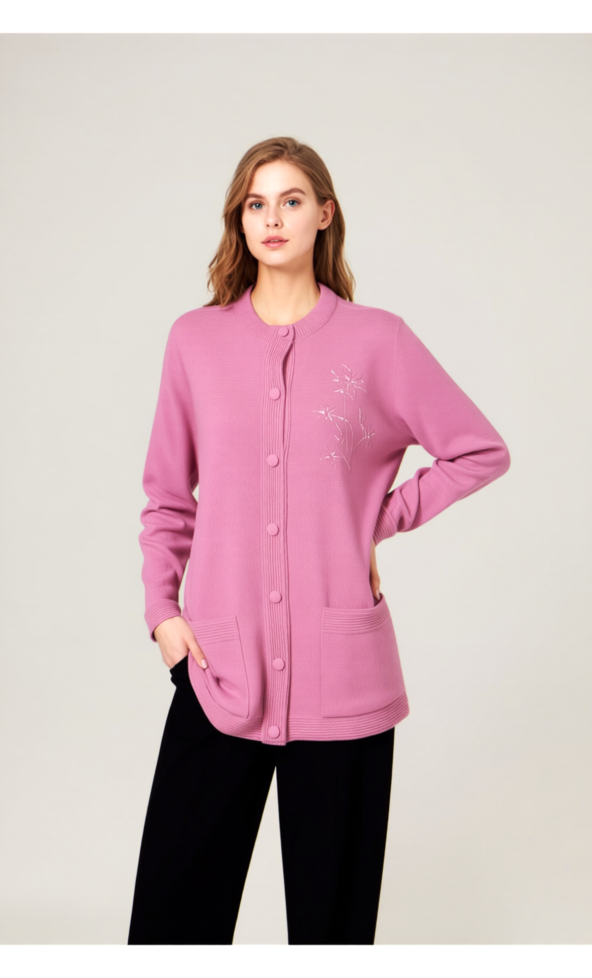 Pink Round Neck Button Pocket Cardigan