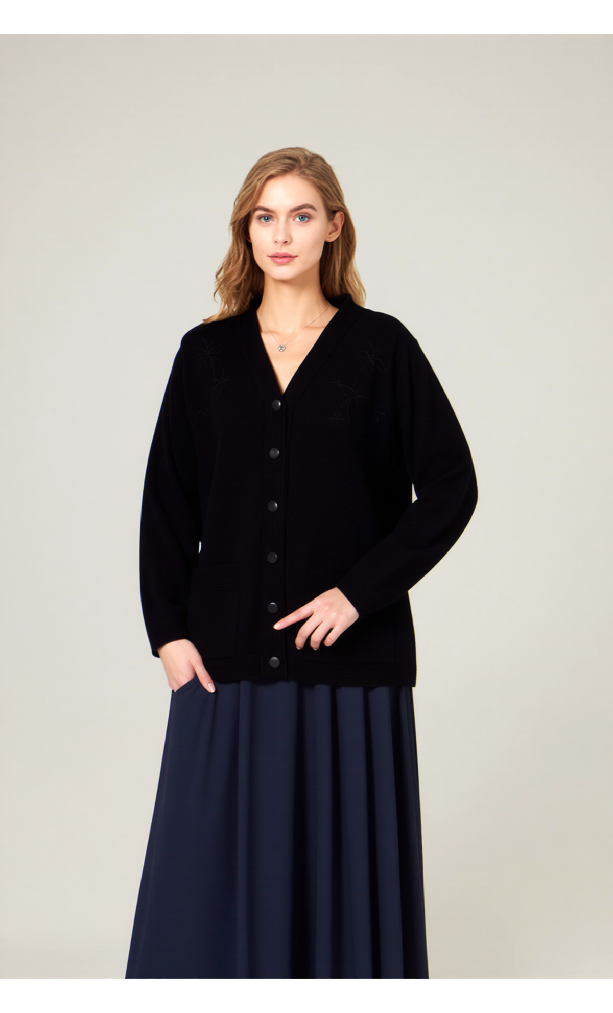 Black V-Neck Button Two Pocket Cardigan