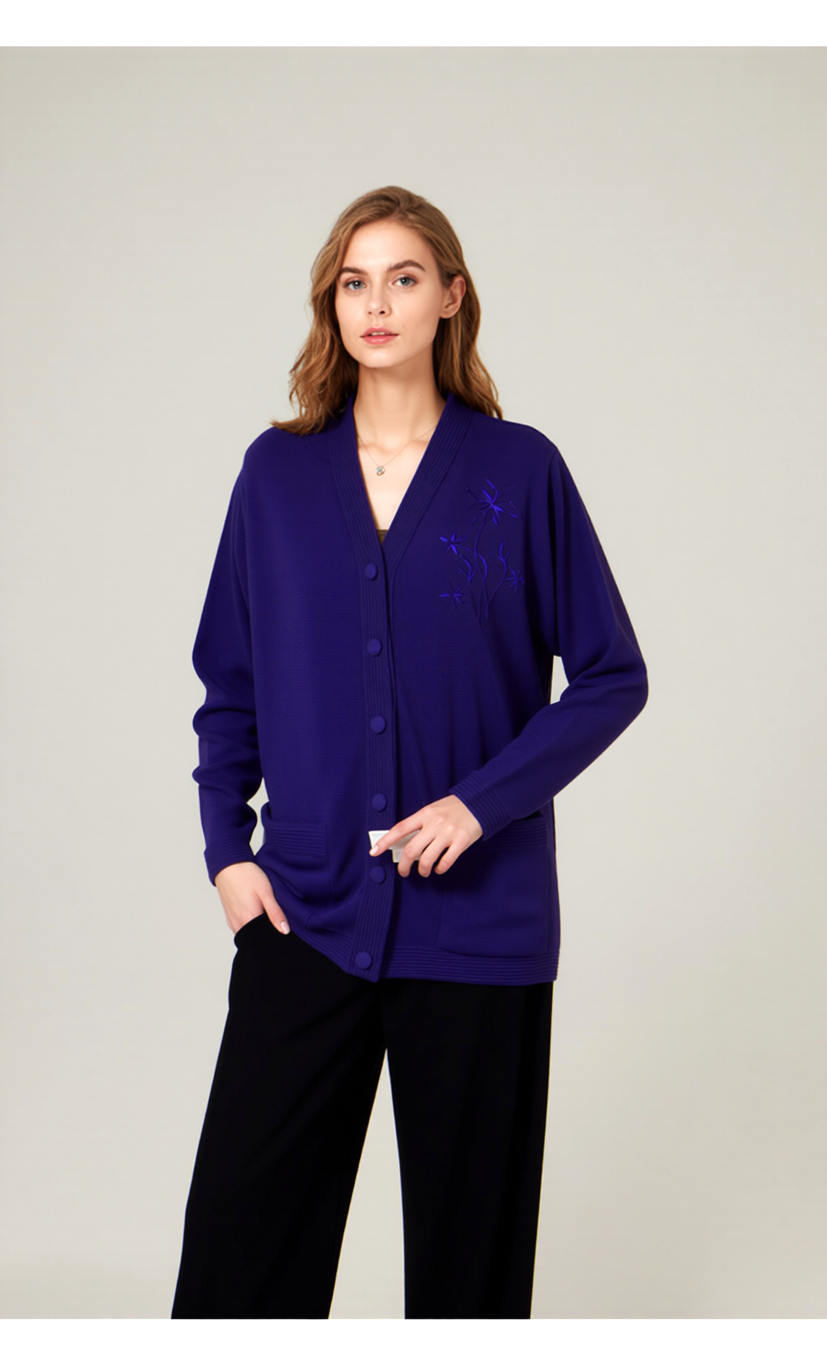 Purple V-Neck Button Pocket Cardigan