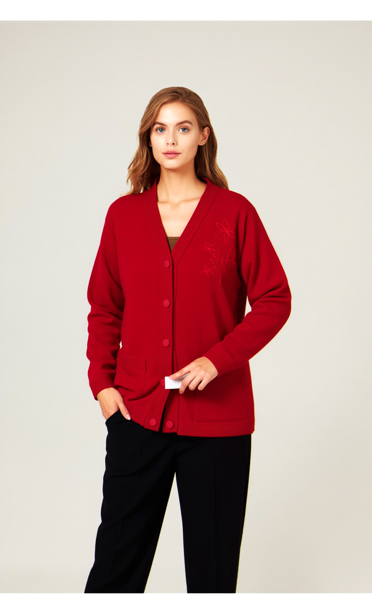 Red V-Neck Button Pocket Cardigan