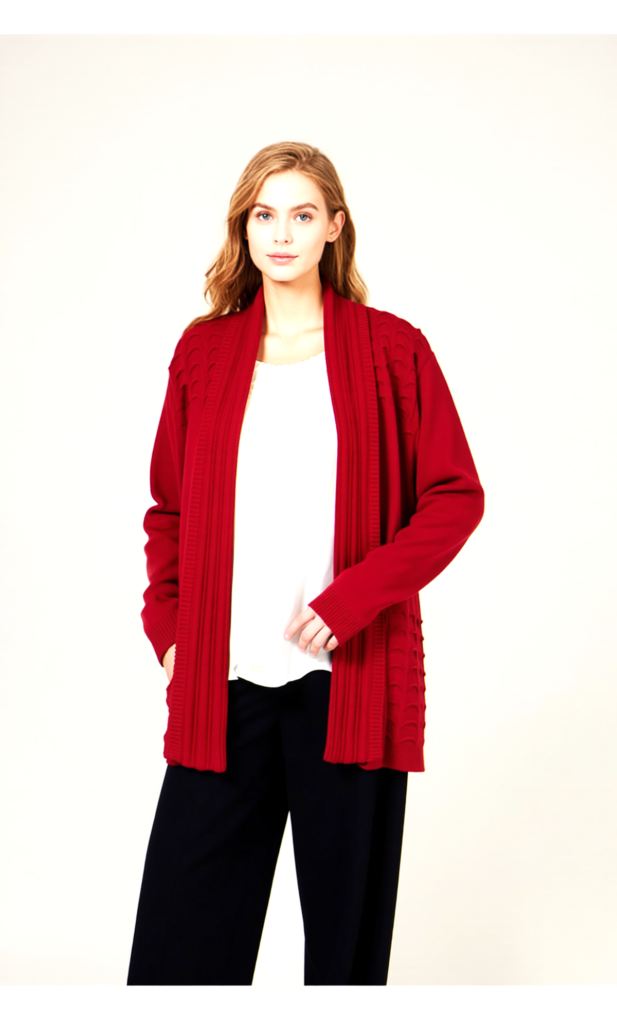 Red Scallop Edge to Edge Open Cardigan