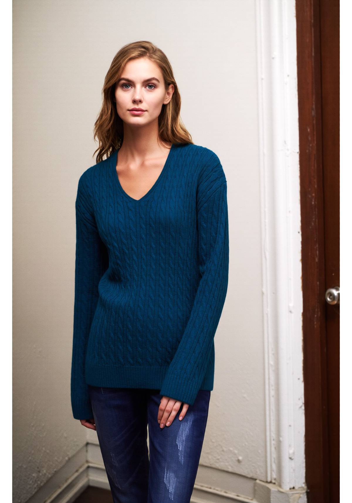 Teal V-Neck Cable Knit Jumper