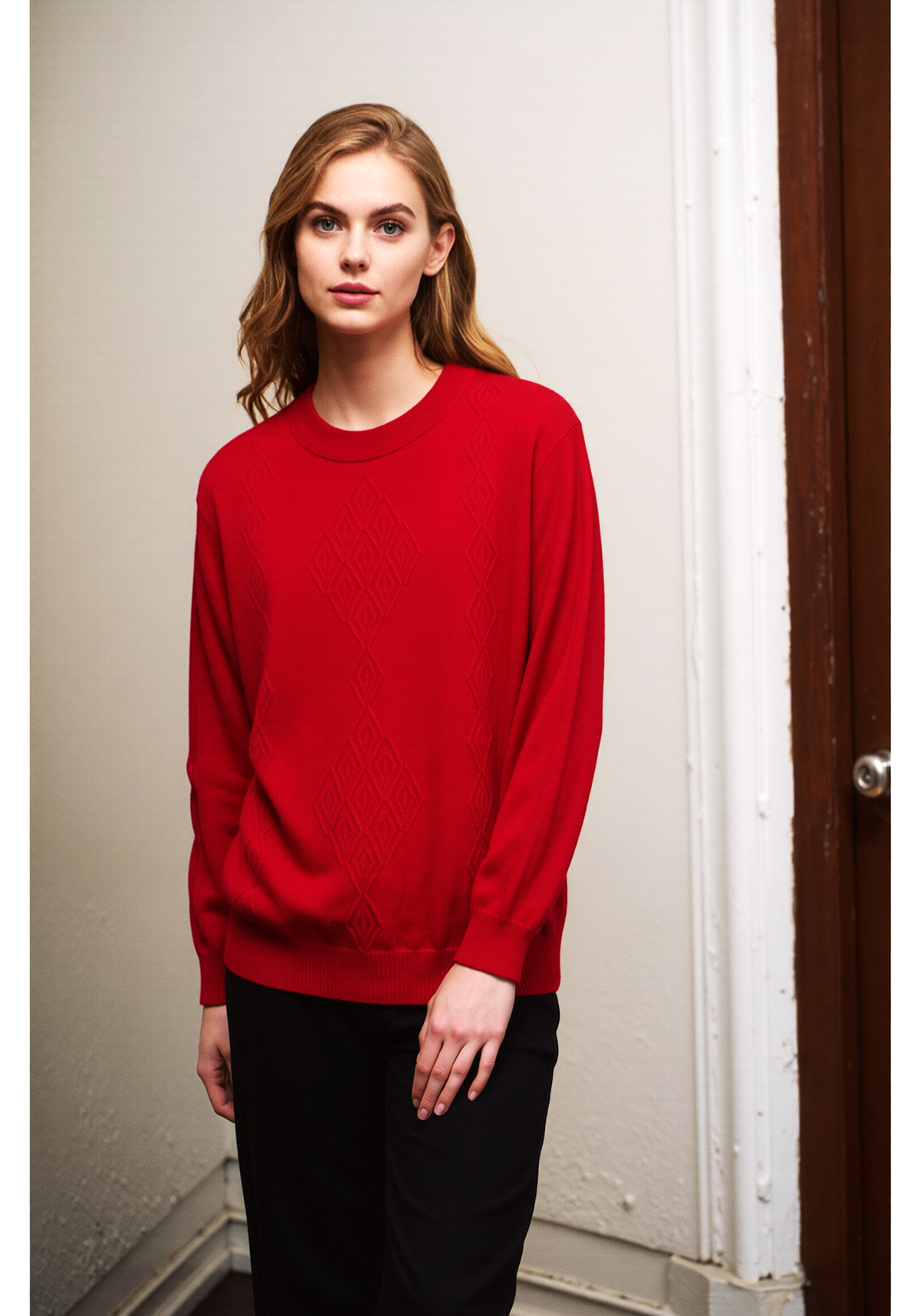Red Round Neck Diamond Design Jumper