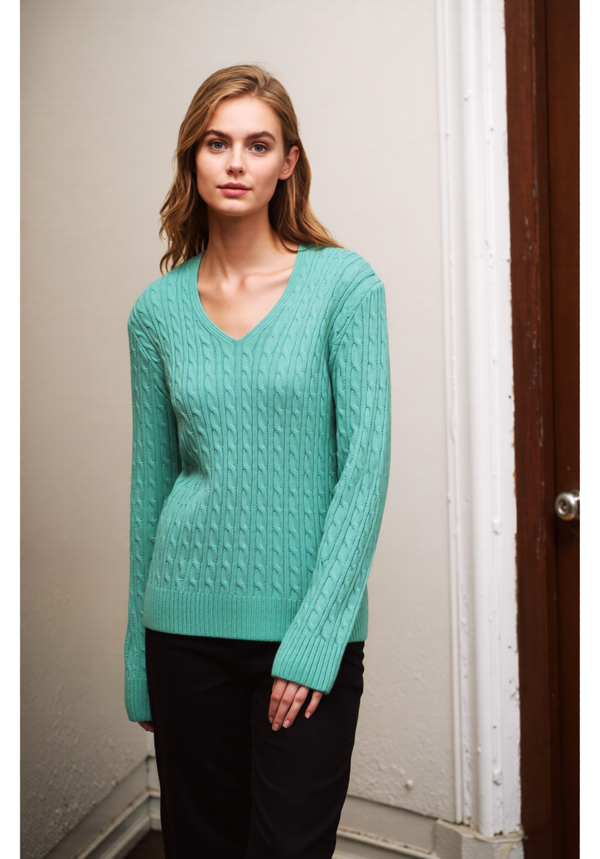 Green V-Neck Cable Knit Jumper