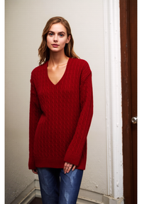 Red V-Neck Cable Knit Jumper